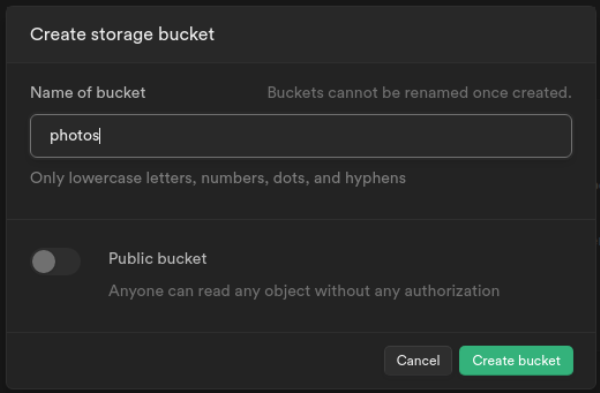 Creación del "bucket" "photos" en Supabase.